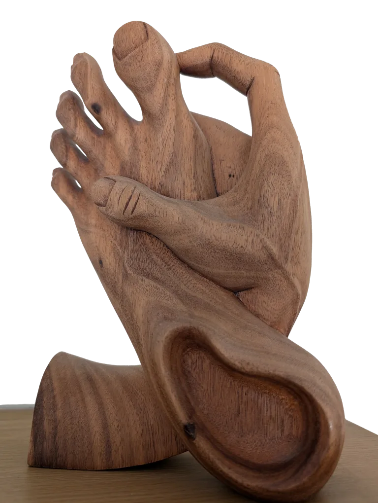 chapeltown-foot-clinic-podiatry-chiropody-sheffield-foot-hand-art Wooden carving of hand and foot at Chapeltown Foot Clinic, Sheffield